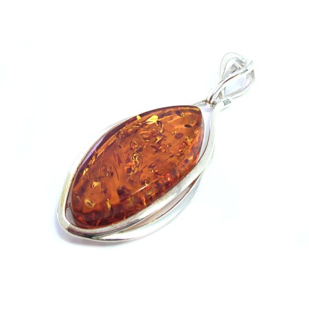 Carved Marquise Baltic Amber and Sterling Silver Pendant - Click Image to Close